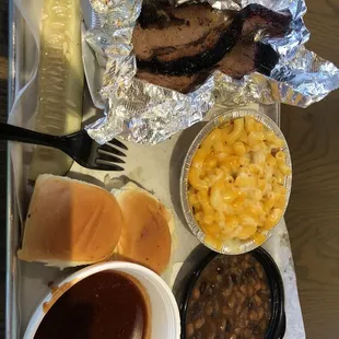 Medium brisket with Mac n cheese and baked beans