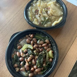 Sides from with Cat basket, fried cabbage and black eyed peas.