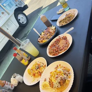 Ceviche tostada, fish taco, shrimp taco and fried shrimp plate