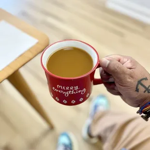 Delicious Guatemalan Drip coffee...Mug not included.   I like bringing my own mugs to enjoy the great tasting coffee! :)
