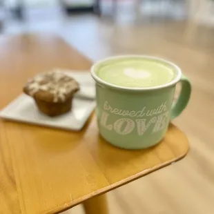 Matcha Latte accompanied by a delicious banana coffee cake muffin (V)