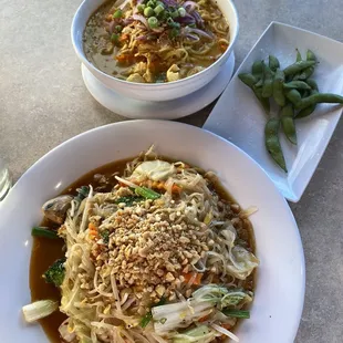 Pad Thai and Curry Noodles with edamame appetizer.