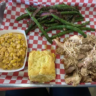 Pulled chicken plate.  Green beans &amp; street corn.