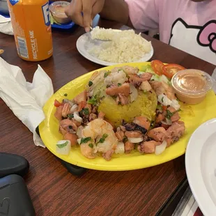 Mofongo with seafood and side of white rice