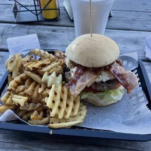 a burger and fries