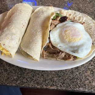 Carnitas w/over easy egg, machacado w/egg, carne guisada w/scrambled egg and cheese