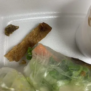 Grilled chicken spring rolls. The piece on the top left corner I could not identify.