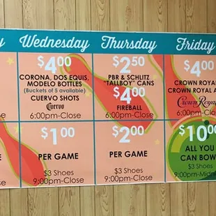 Weekly drink and bowling specials.