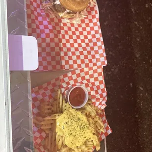 fries with queso and fried chicken sandwich