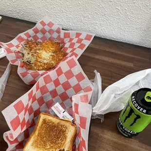 Sausage egg and cheese on Texas toast. Hash browns to perfection.