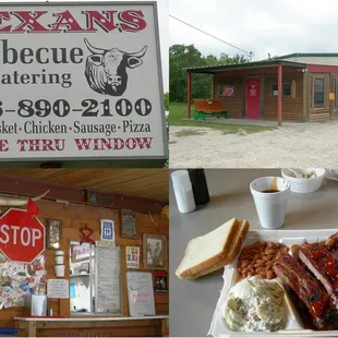 Texans BBQ - FM830 - Willis, TX - Thu 140508 - Quad Photo: Sign; Storefront; Order Window; Brisket &amp; Ribs Plate