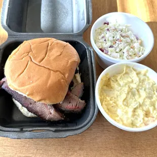 Brisket Sandwich with Potato Salad and Cole Slaw - Delish!