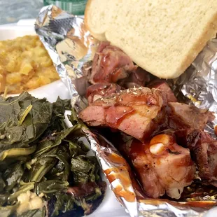 Rib tips, collard greens and corn casserole