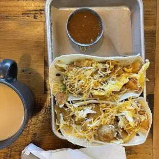 Potato, Egg, and Cheese Breakfast Tacos on corn tortilla