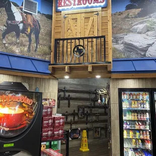 Restrooms in the right back corner.