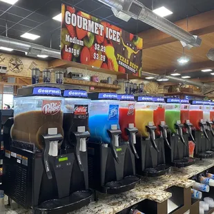 Many flavors of ICEE. Unfortunately the Dr. Pepper one tasted flat.