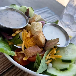 Side salad with ranch and a vinaigrette on the side.