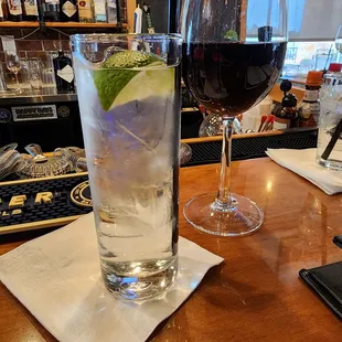 Tito&apos;s and soda (me) and Merlot (him)