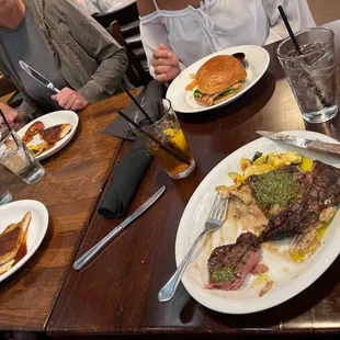 Ribeye, chicken Brie sandwich, pecan chicken.