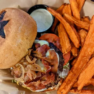 Bacon cheeseburger with sweet potato fries