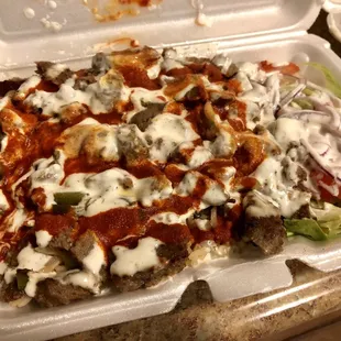 Lamb over rice w. salad, white &amp; hot sauces! ($7)