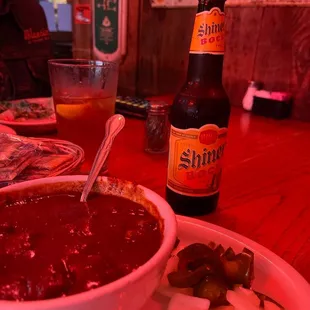 Bowl of red and a Shiner.
