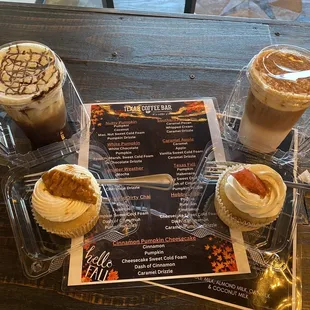 Sweater Weather and Pumpkin Pie Dirty Chai drinks with pecan Praline and Apple Pie cupcakes.