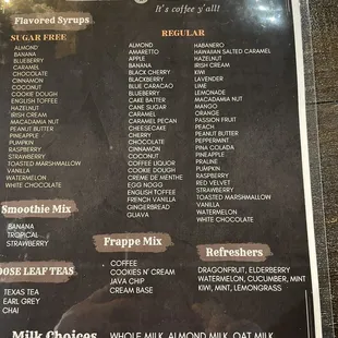 Syrup and flavor add-in menu.
