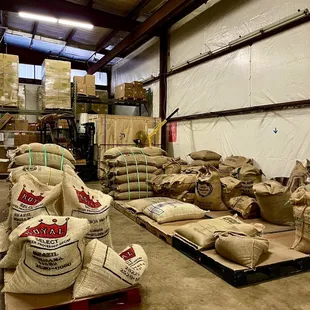 bags of coffee in a warehouse
