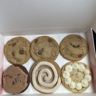 3 Chocolate Chip Cookies, 1 Double Chocolate, 1 Cinnamon Roll, 1 Birthday Cake