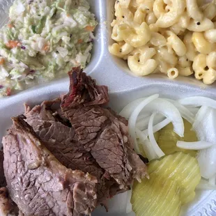 One Meat Plate with perfectly cooked tender Brisket, Coleslaw &amp; Macaroni with cheese.