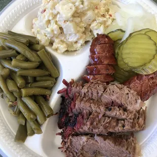 Two Meat Plate with Brisket, Sausage, green beans &amp; potato salad.
