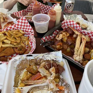 Crab and shrimp boil and fried fish and shrimp plate (I wish I&apos;d taken the picture prior to us digging in).