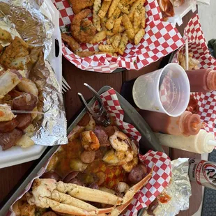 Crab and shrimp boil and fried fish and shrimp plate (I wish I&apos;d taken the picture prior to us digging in).