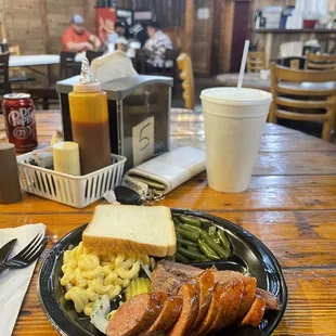 2 meat special ! Sausage Link &amp; 1/2 lb. Brisket with Mac and Cheese &amp; Green Beans