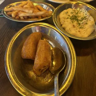 Sides dishes: French Fries, Mashed Potatoes , and cinnamon Bananas