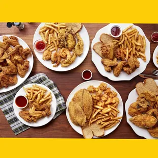 fried chicken, fries, and ketchup