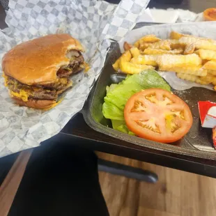 Double cheeseburger, fries, Catfish meal.