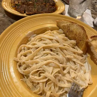 Fettuccini with blackened chicken.