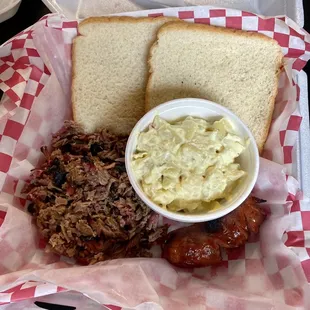 Chopped brisket, potato salad, &amp; sausage