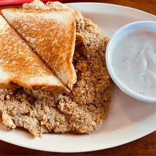Chicken fried steak, toast, white gravy