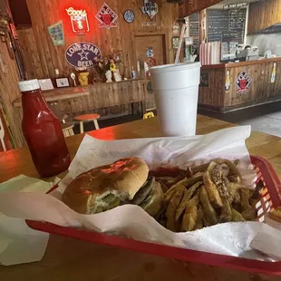 The number 1, Texas Hamburger with cheese, fries and drink.