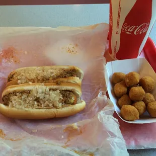 Two Texas Hot Dogs, Mild Cheese Balls, and a Coke. I can't think of anything more American! And it was delicious!