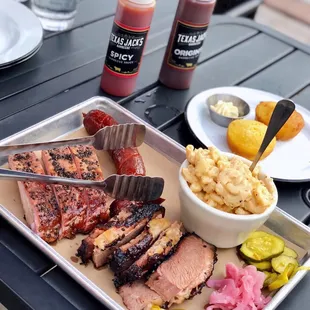 Pork Ribs, Beef Brisket, Mac n' Cheese, and Corn Corn Bread