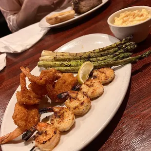 Grilled Shrimp, Fried Shrimp, Grilled Asparagus, Mac &amp; Cheese