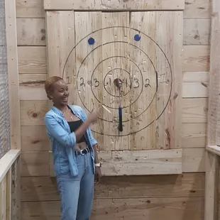 A great bullseye from a first time axe thrower at Texas lumberjaxe.