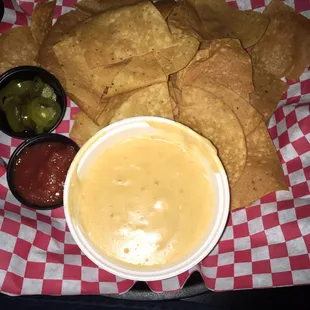 Supposed to be Monterey queso with pico de gallo, but it was nacho cheese and can salsa with burnt chips