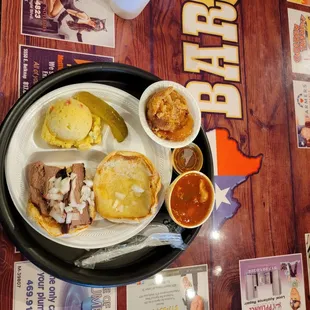 BBQ Beef, BBQ stew, potato salad, apple cobbler.