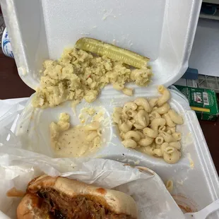 Daily lunch special. Pulled pork, potato salad, Mac and cheese (noodles and water), and a pickle.  $9.99
