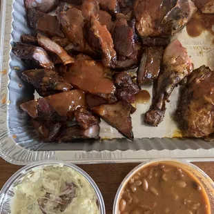 BBQ Beans, Potato Salad, and meat